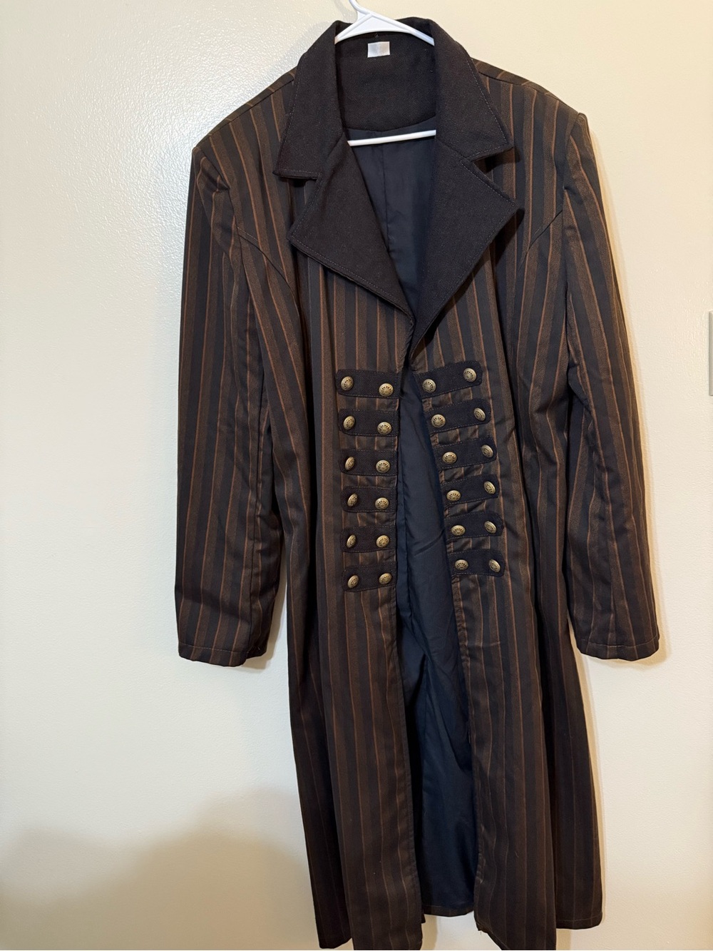 Mens Dark Brown Pinstripe Steampunk/Military Inspired Long Coat